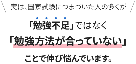 実は、国家試験につまづいた人の多くが「勉強不足」ではなく「勉強方法が合っていない」ことで伸び悩んでいます。